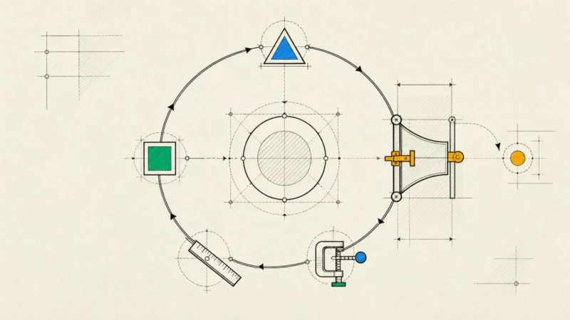An agent loop circling a model through tool stations and passing a latched gate where risky actions await approval.