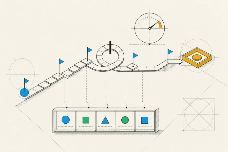 An agent run with checkpoints filed to a state store, a loop cut short, a step budget dial and a hand-off at the end.