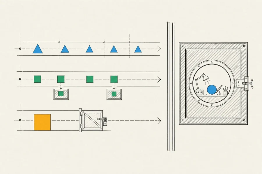 Reads pass freely, writes are logged and risky actions wait at a locked gate, beside an isolated sandbox.