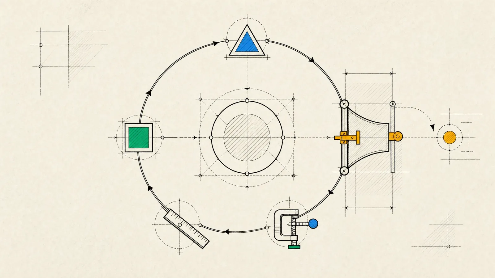 An agent loop circling a model through tool stations and passing a latched gate where risky actions await approval.