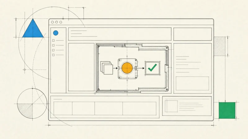 A drafted app window cut away to reveal a small model circle fed by documents, one component inside a larger product.