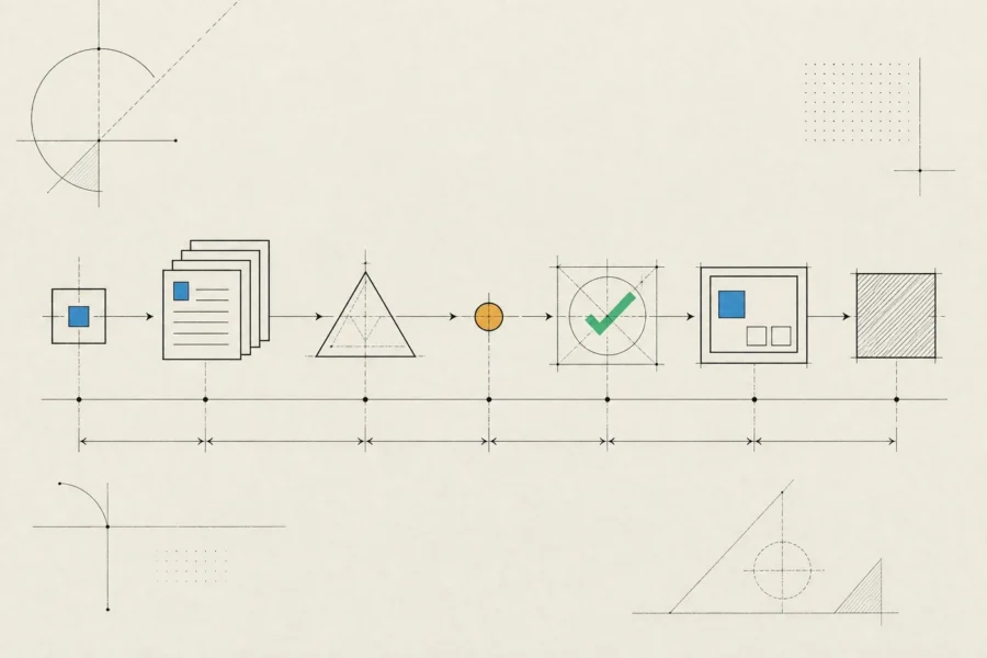 A request passing seven stations: input, retrieval, prompt template, model, validation, presentation and logging.