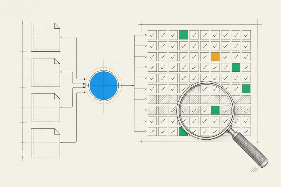 Documents run through a model into a grid of checked results, with one case flagged amber for review under a magnifier.