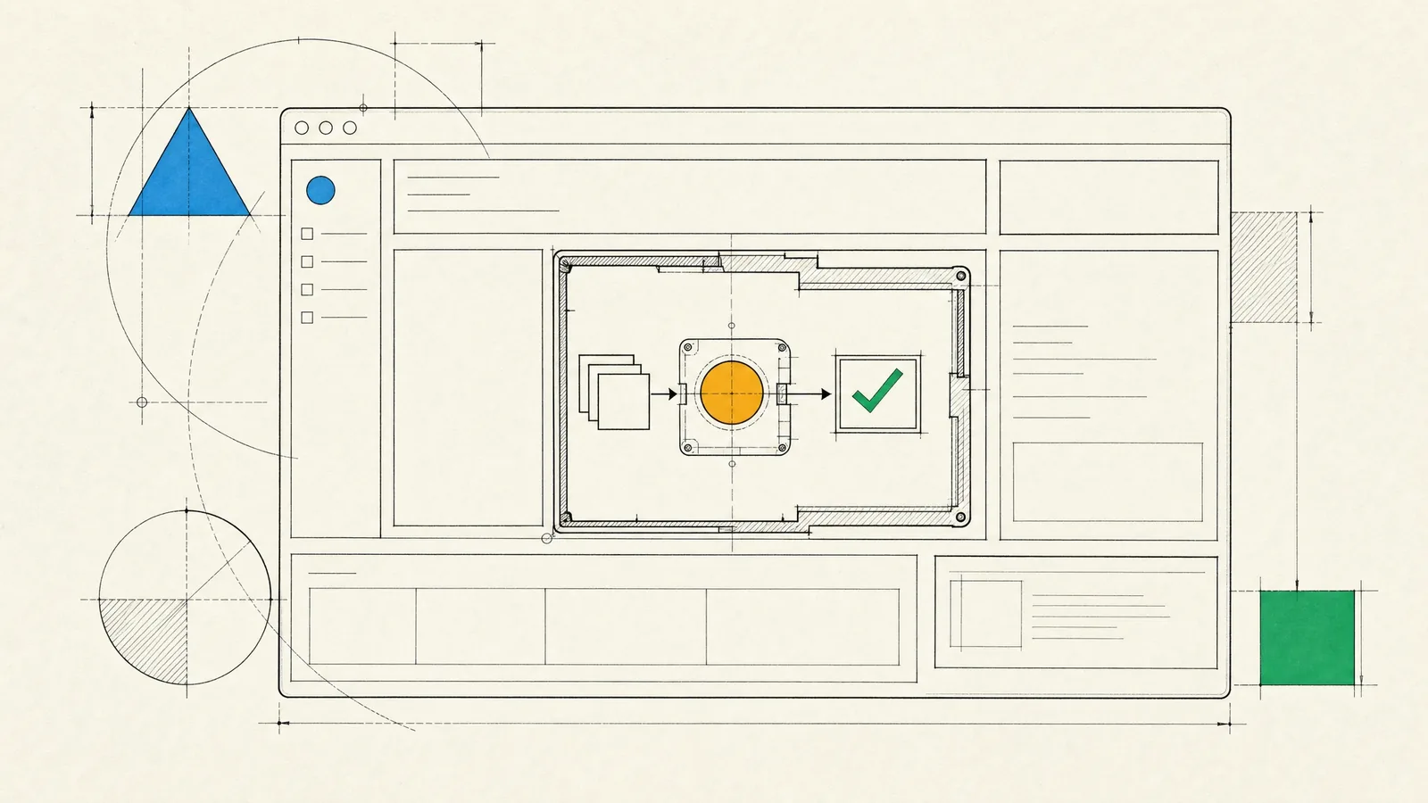 A drafted app window cut away to reveal a small model circle fed by documents, one component inside a larger product.