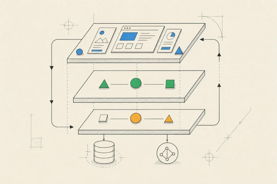 Three stacked layers for UI, domain and data, linked by a loop of arrows showing one-directional data flow.