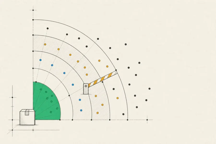 Widening arcs from an app package with a barrier gate, showing a staged Google Play rollout that can be halted.