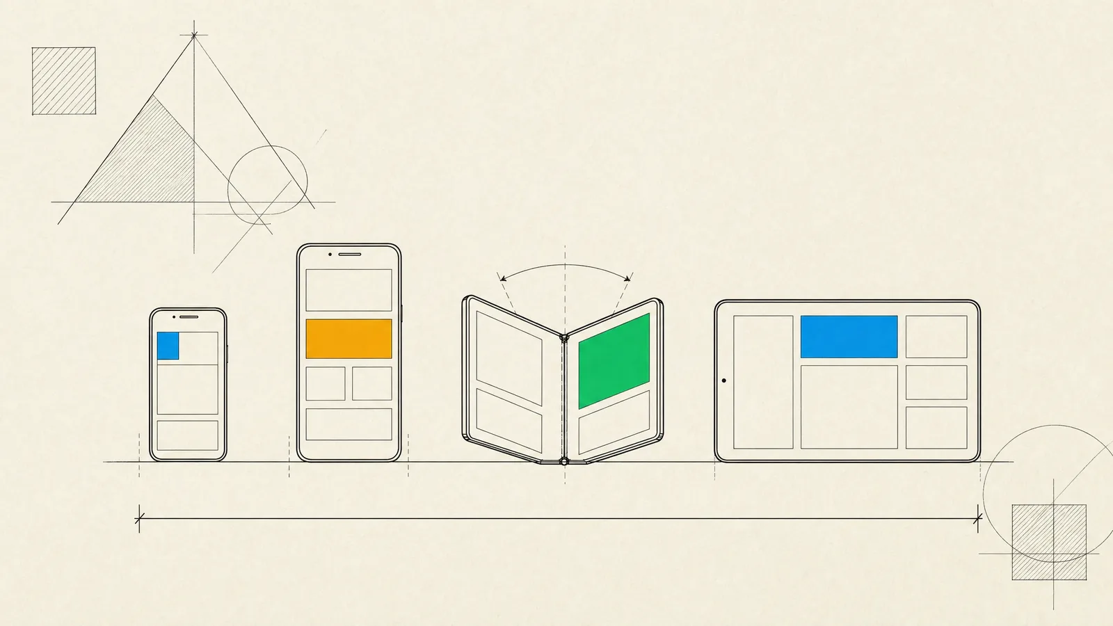 Device outlines from a compact phone to a foldable and a tablet on one baseline, showing the Android device range.