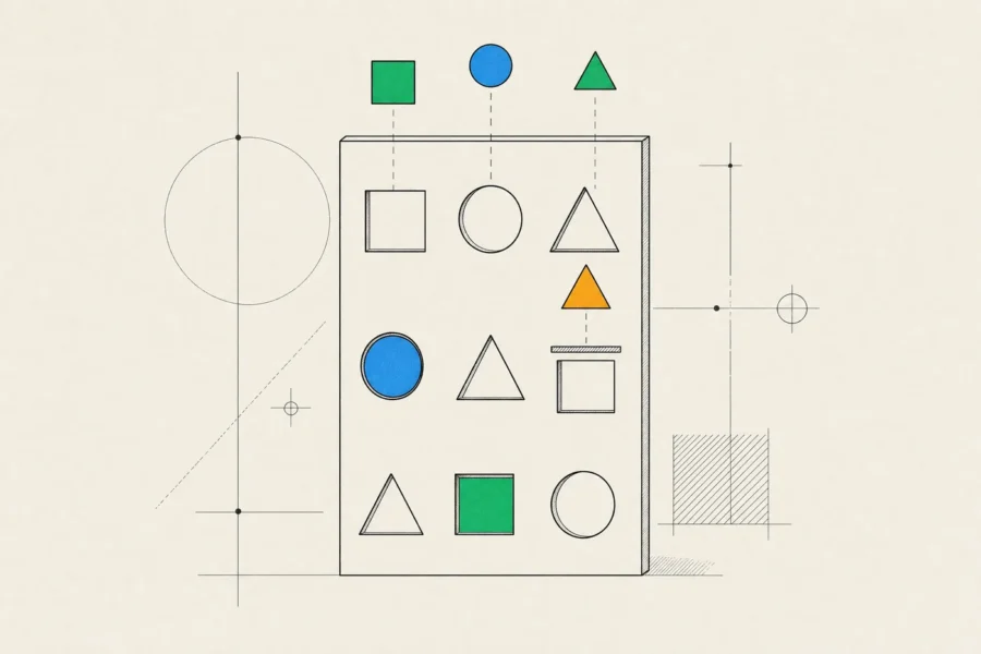 A form panel of shaped slots where matching tokens drop in, while a mismatched triangle is blocked above a square slot.