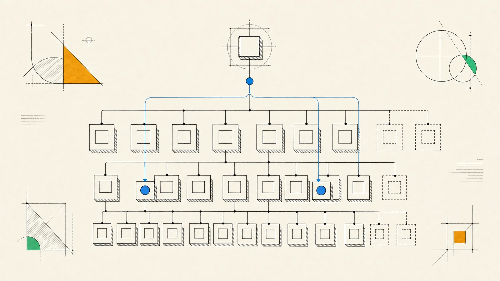 A large component tree where one signal updates only three dependent views, with lazily loaded branches dashed.