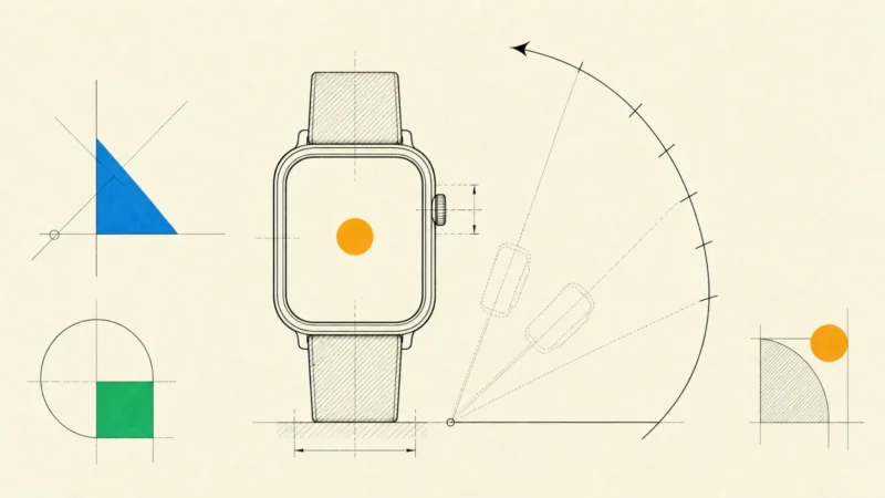A smartwatch drafted with one amber circle on its face and an arc tracing the brief raise and glance of the wrist.