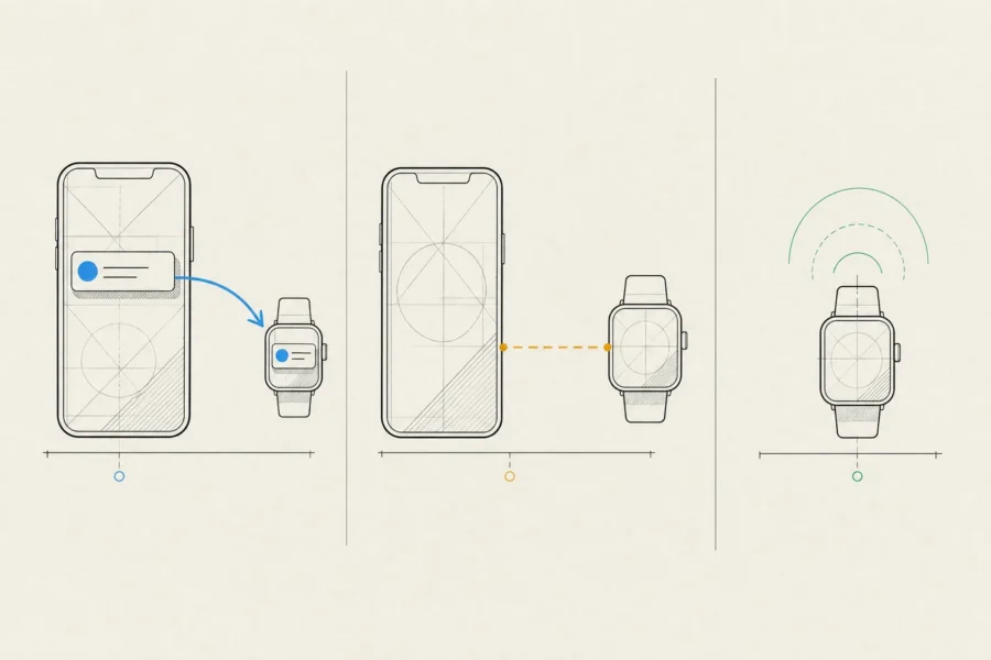 Three setups: a phone notification reaching the watch, a watch tethered to a phone, and a standalone watch.