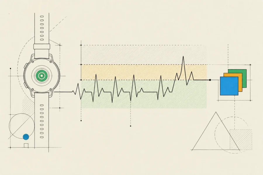 A heart-rate line from a watch sensor crossing training-zone bands and ending in a stack of saved workouts.