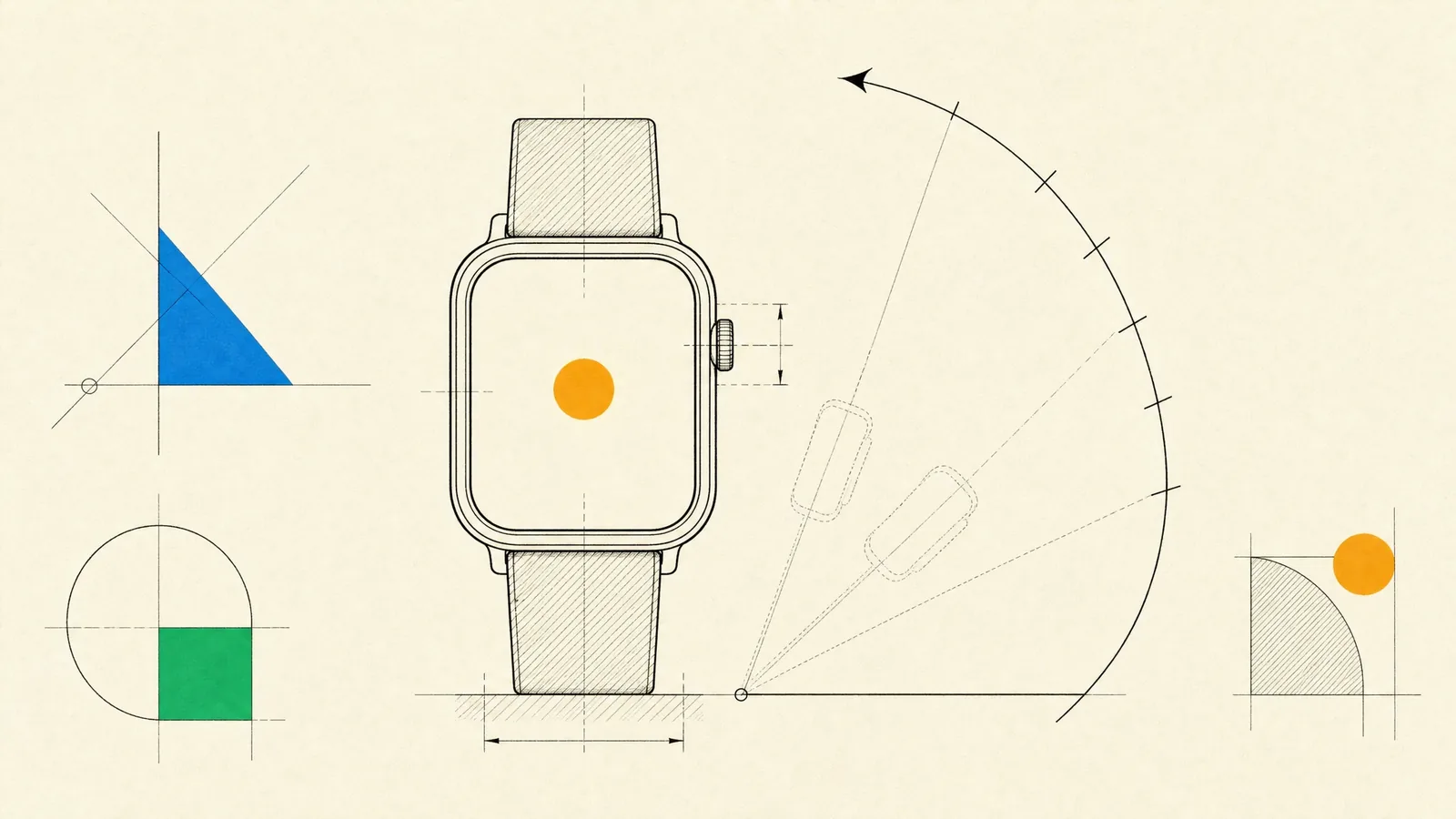 A smartwatch drafted with one amber circle on its face and an arc tracing the brief raise and glance of the wrist.