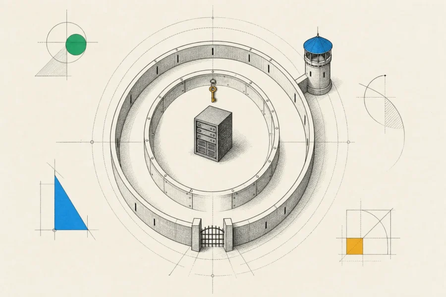 A legacy server inside concentric walls with one guarded gate, a key kept deep inside and a watchtower for monitoring.