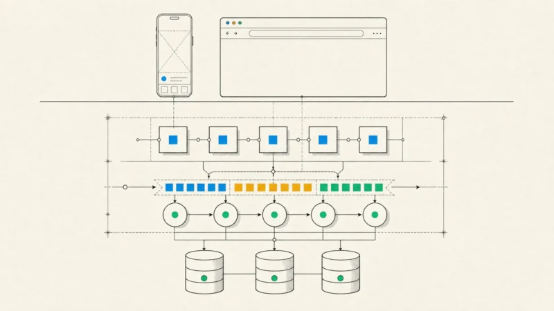 A phone and a browser above ground, with API blocks, a job queue, workers and databases drawn in section beneath them.