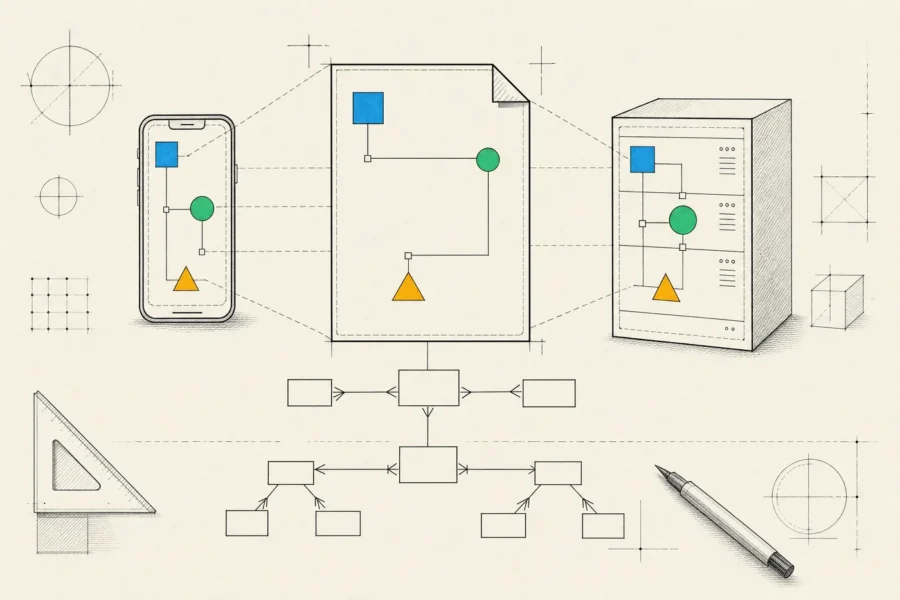 One API contract sheet projected onto a phone and a server, with an entity diagram of related records below it.