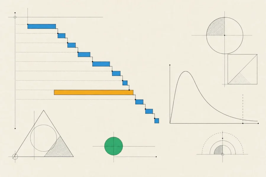 A trace waterfall with one long amber span marking the slow step, beside a latency curve with a long tail.