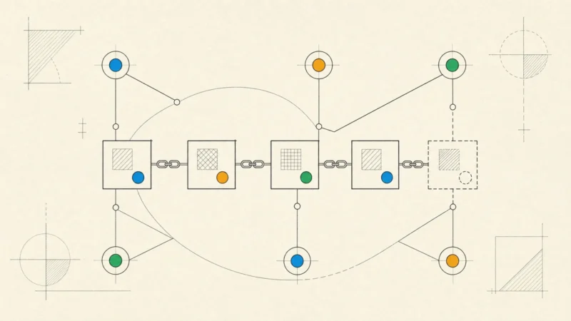 A shared ledger drawn as chained square blocks, the newest still dashed, with node circles for the parties keeping it.