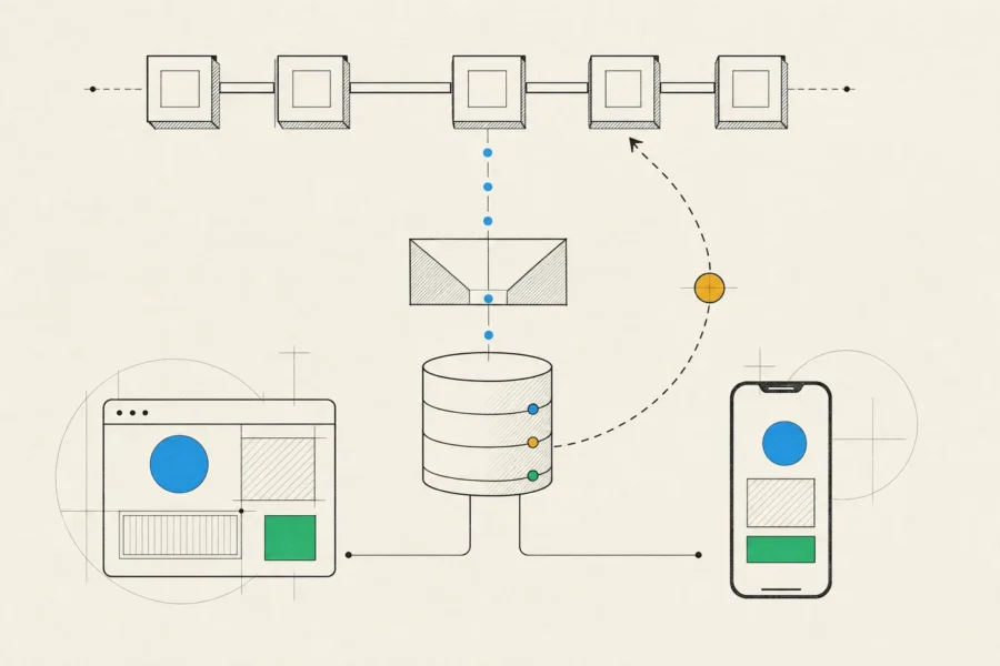 Chain events flowing through an indexer into a database that serves web and mobile, with a reconciliation loop back.