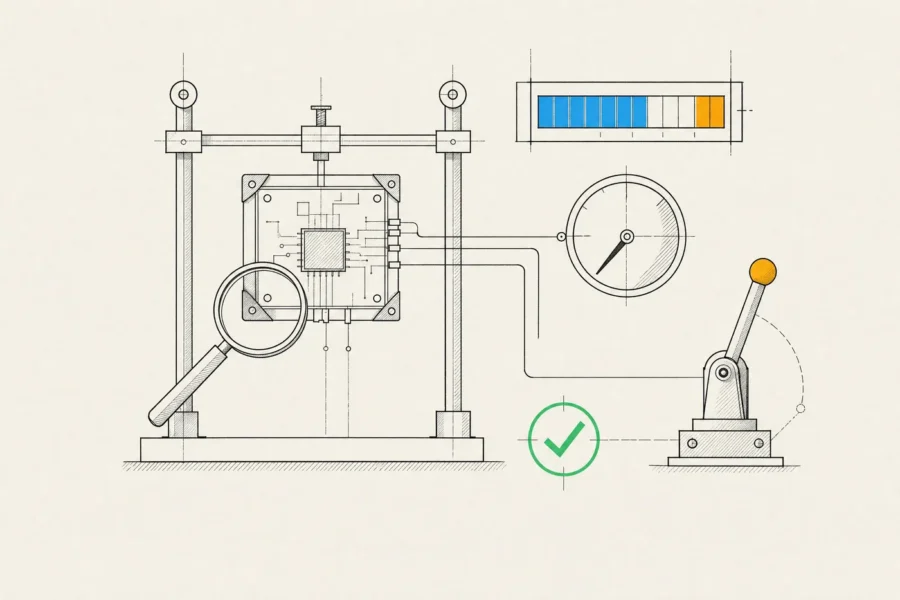 A small contract module clamped in a test rig with a meter, dial and magnifier, beside an emergency pause lever.