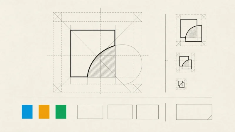 A brand identity sheet: a mark built from a square and a quarter circle at three sizes, with colour swatches.