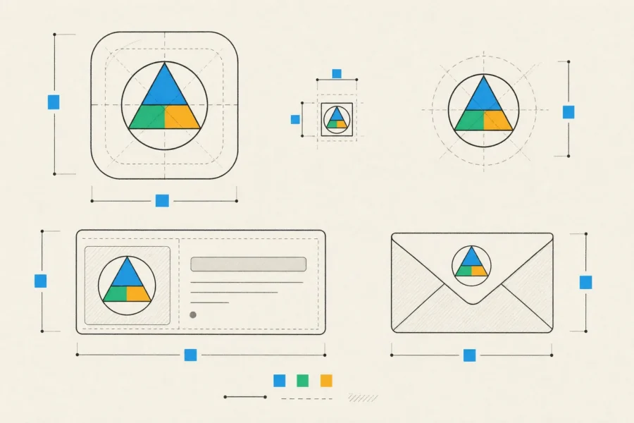 One mark applied to an app icon, favicon, round avatar, link preview card and email envelope, with sizes marked.