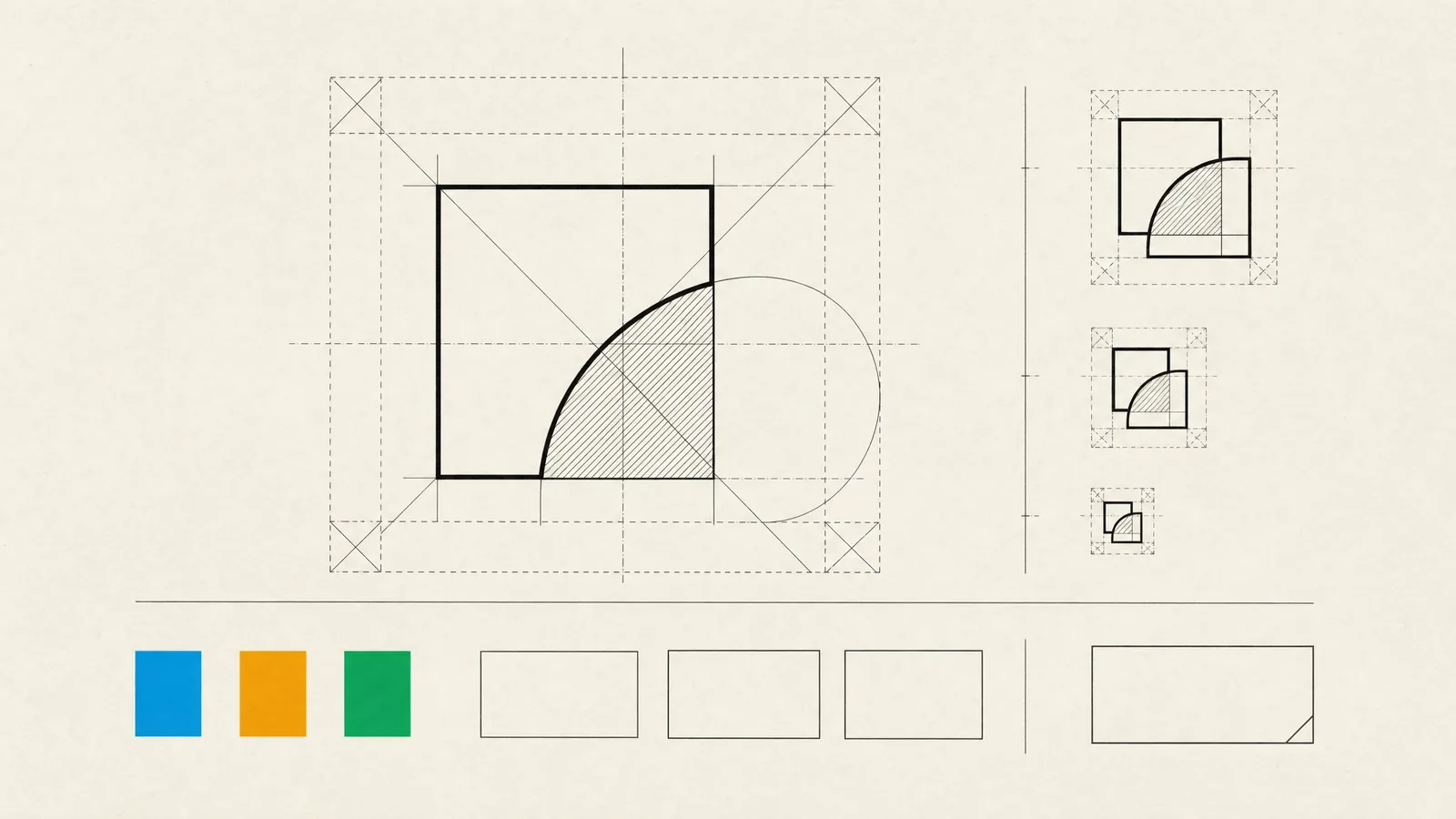 A brand identity sheet: a mark built from a square and a quarter circle at three sizes, with colour swatches.