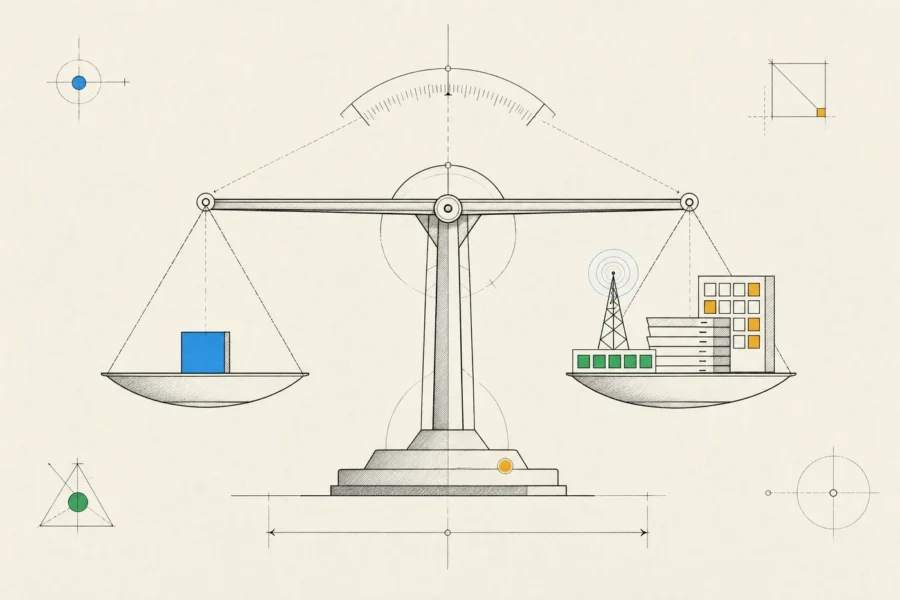 A balance scale weighing one compact block against a larger set of modules such as queues, broadcasting and panels.