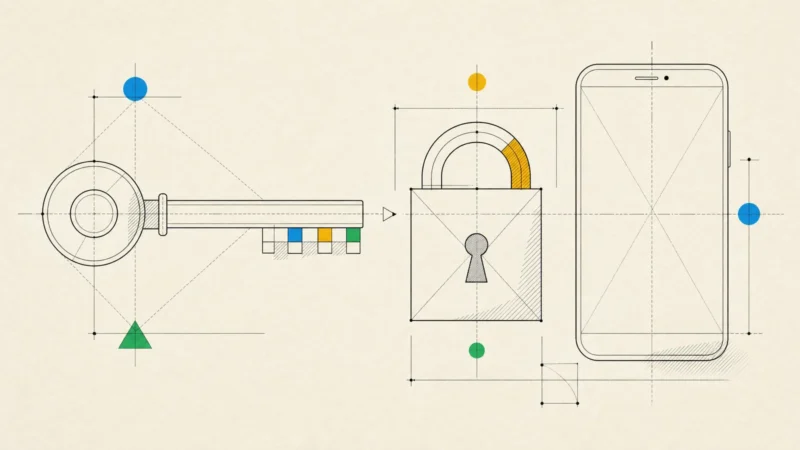A key built from a circle and squares approaching a padlock beside a phone, a wallet designed around who holds the key.