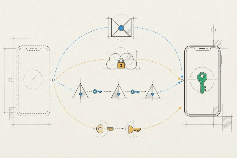 Four routes from a lost phone to a new one: a sealed paper backup, an encrypted cloud, guardians and rejoined key shares.