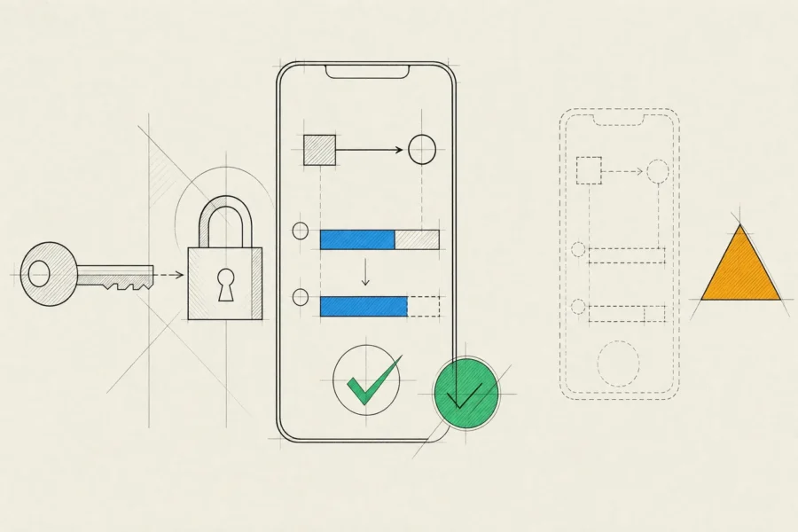 A key meeting a lock beside a phone signing screen that shows the transfer and balance change, a suspicious request flagged.