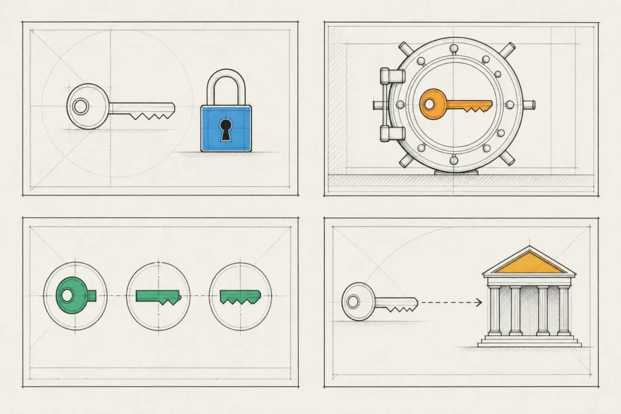 Four custody models as keys: one held by the user, one in a vault, one split into three shares, one handed to a custodian.