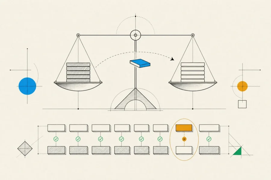 A double-entry ledger as a level balance, above two rows of records reconciled pair by pair with one mismatch flagged.