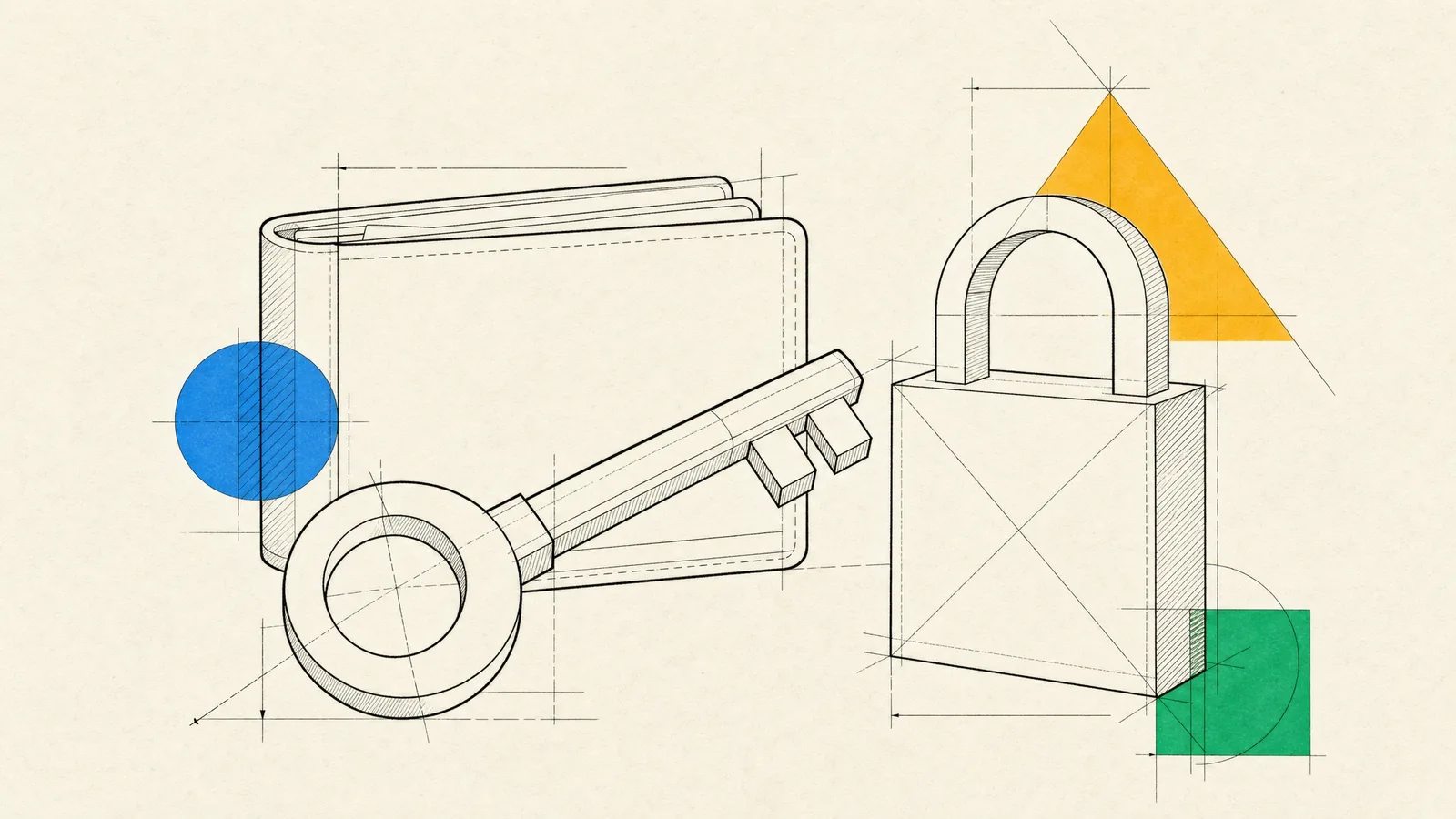 A key, a padlock and a folded wallet drafted in ink with construction lines, standing for the custody of digital assets.