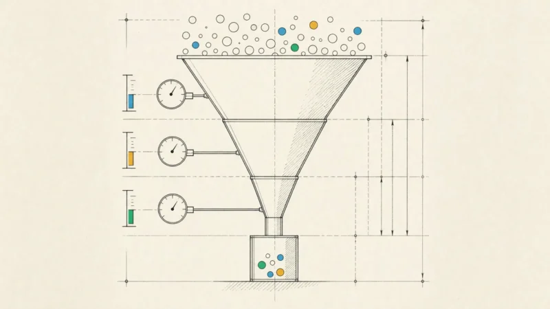 A funnel drafted as an engineering part, with gauges at each stage and only a few of many circles reaching the base.
