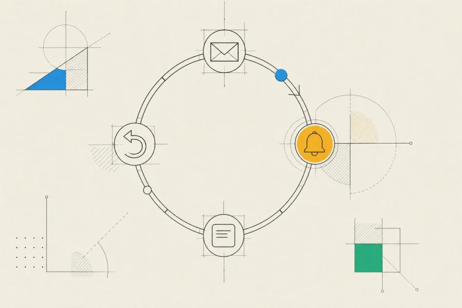 A lifecycle loop with email, push, in-app and win-back stations, the push notification marked as the nudge that fires.