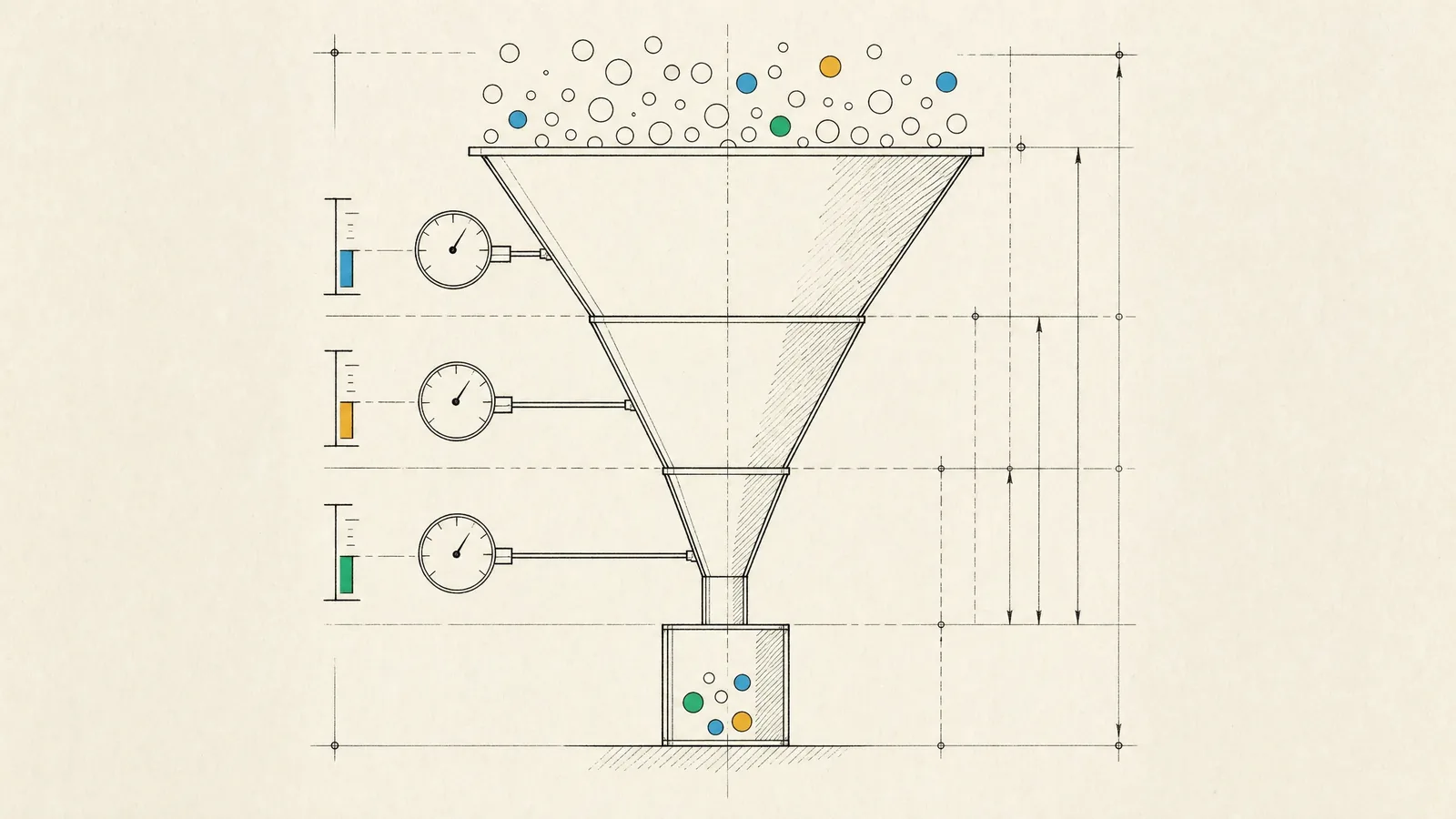 A funnel drafted as an engineering part, with gauges at each stage and only a few of many circles reaching the base.