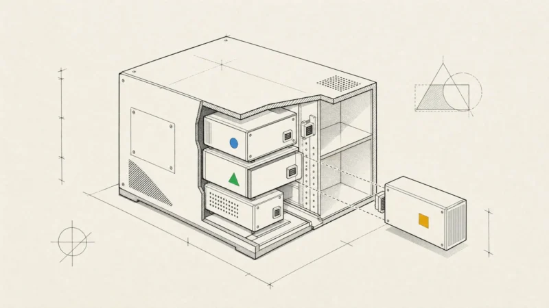 A cut-away housing of neat internal modules, one sliding out along a guide as a future service: a modular monolith.