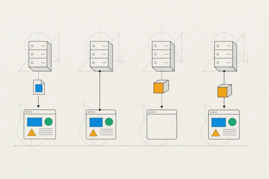 Four server-to-browser pairs for Blazor's render modes: static page, live connection, WebAssembly download, and both.