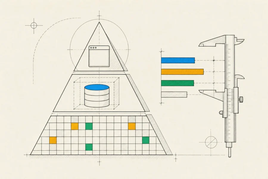 A test pyramid of unit cells, a containerized database and a browser on top, beside a caliper measuring bars.