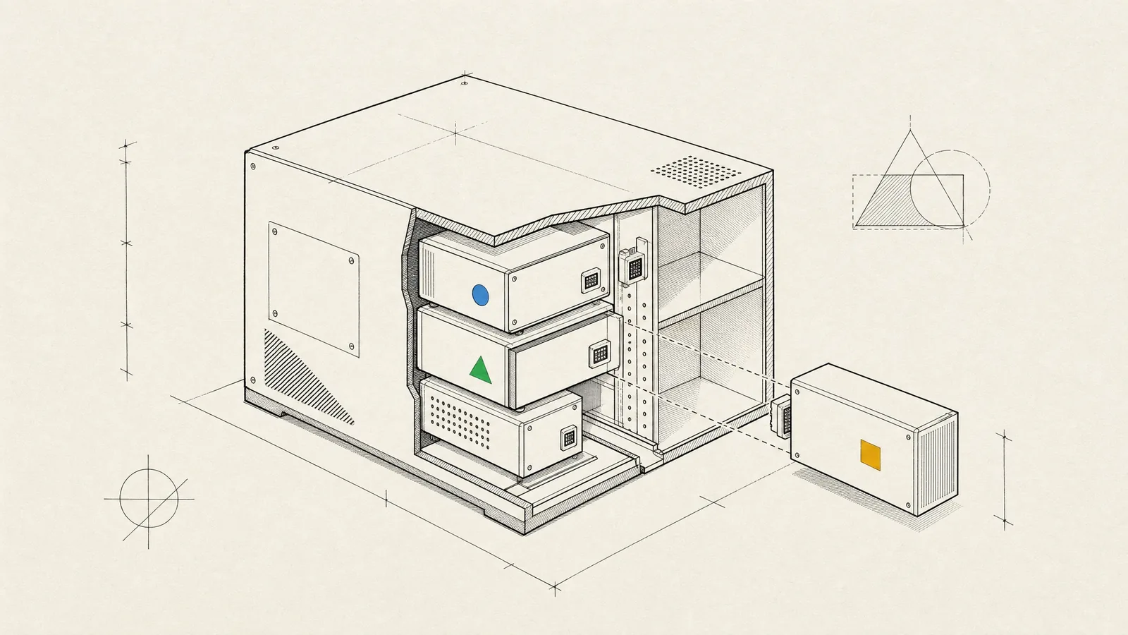 A cut-away housing of neat internal modules, one sliding out along a guide as a future service: a modular monolith.