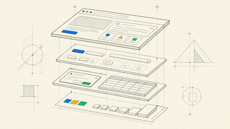 A browser window in exploded view: design tokens at the bottom, then primitives and composite blocks, then the screen.
