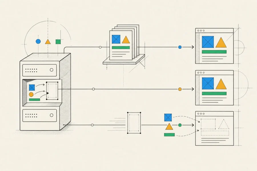 Three lanes from server to browser: prebuilt pages on a shelf, a page built on request, and a shell filled in the browser.