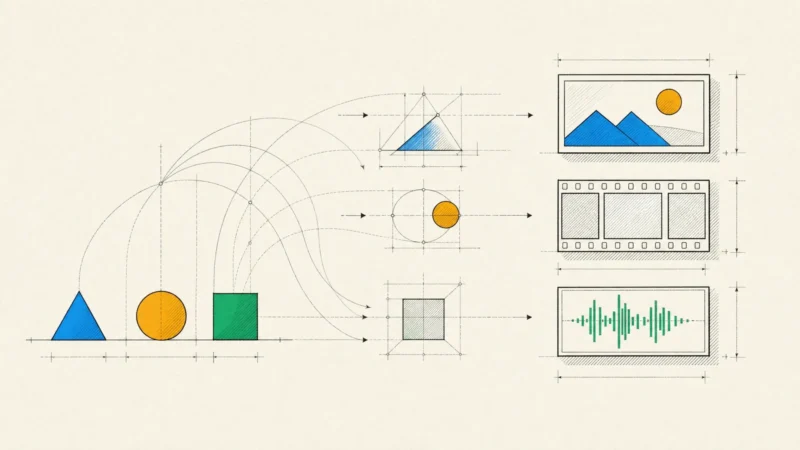 A triangle, circle and square projected into an image frame, a film strip and a sound waveform.