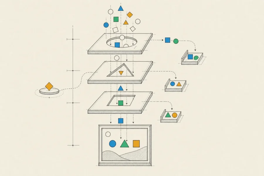 Generated shapes falling through stacked filter layers, with rejected pieces diverted and one set aside for human review.