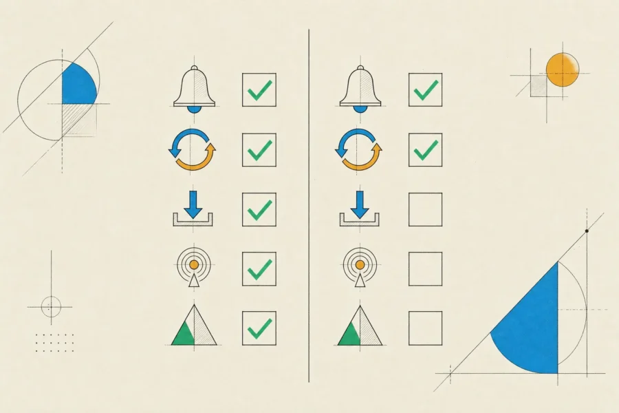 Two columns of capability checkboxes, one fully ticked and one partly empty, comparing web app support by platform.