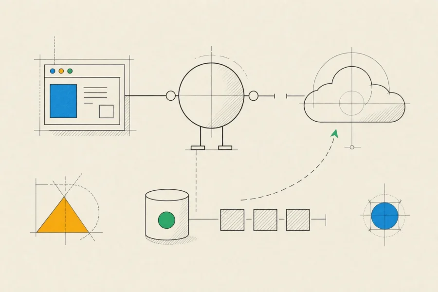 A service worker between a screen and a broken network link, with a local cache and queued changes waiting to sync.