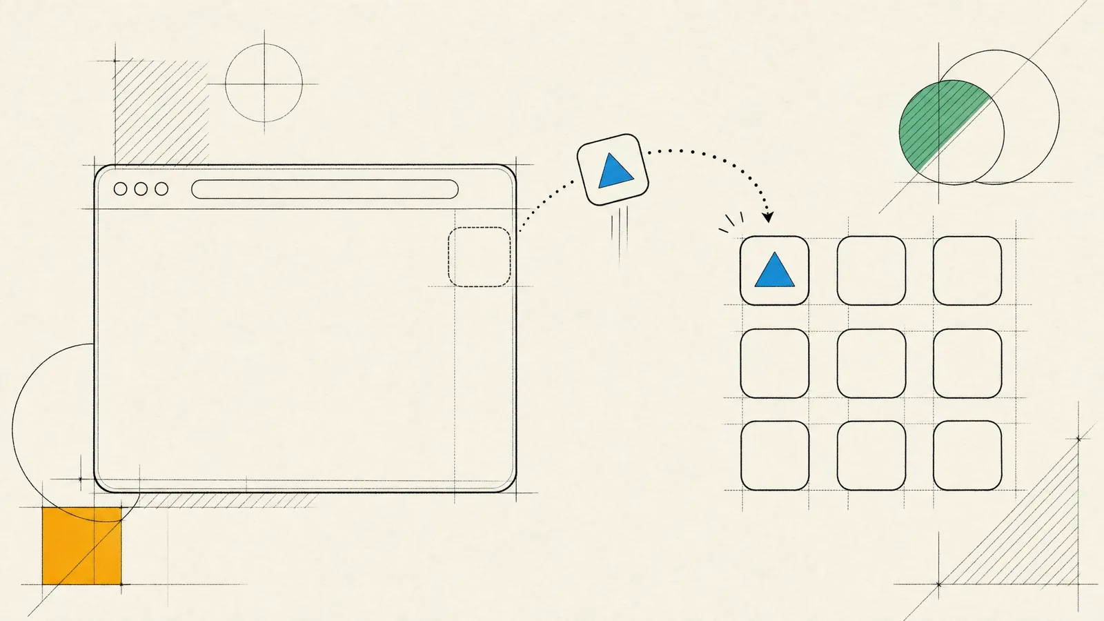 An app icon lifting out of a browser window along a dotted arc into a grid of home screen icons.