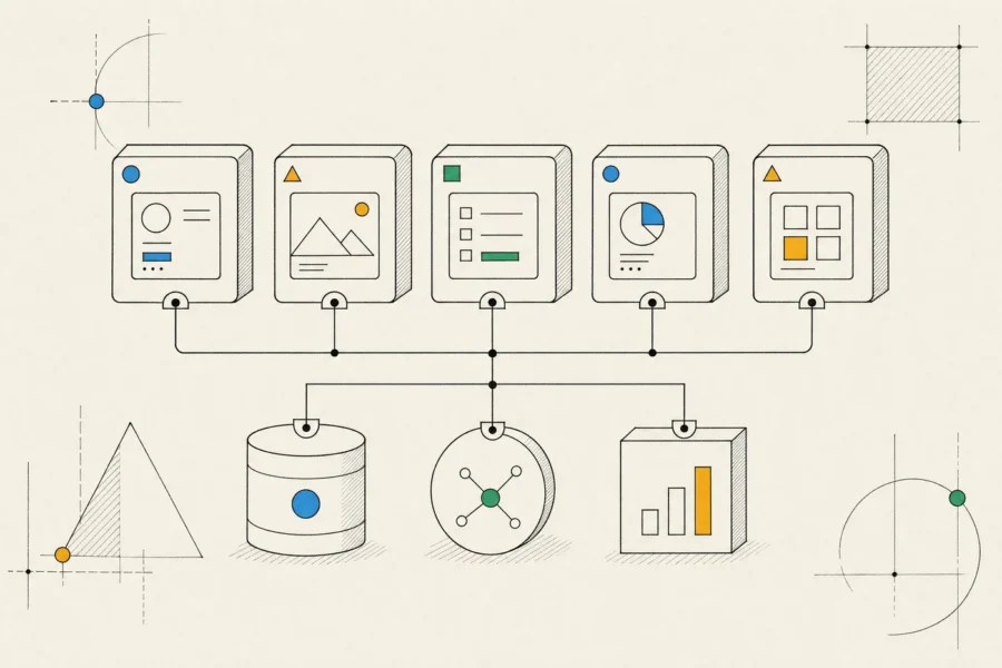 Feature modules connected through small interfaces to shared storage, networking and analytics services.