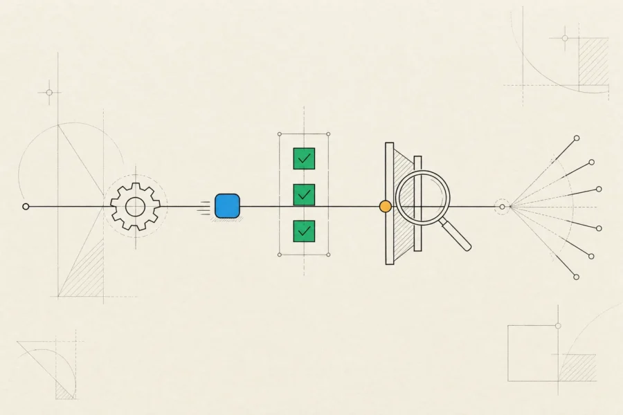A build moving through an automated build step, passing tests, a review gate and a widening phased release.